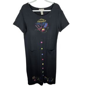 Sweet Jessie 100% Cotton Black Colorful Button Up Short Sleeve Maxi Dress Size L